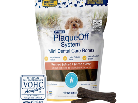 Proden PlaqueOff Mini Dental Care Bones Peanut Butter & Bacon, 12oz For Sale