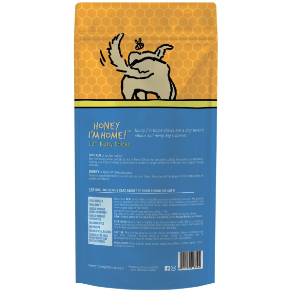 Honey I m Home 12  Buffalo Bully Sticks Natural Honey Coated Chews Grain-Free Dog Treats 5 pk Cheap