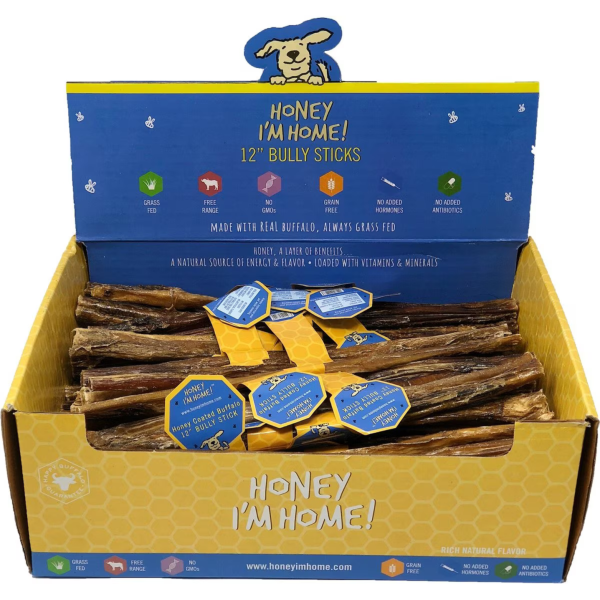 Honey I m Home 12  Buffalo Bully Sticks Natural Honey Coated Chews Grain-Free Dog Treats Bulk For Discount