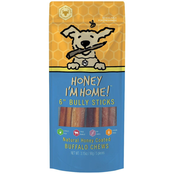 Honey I m Home 6  Buffalo Bully Sticks Natural Honey Coated Chews Grain-Free Dog Treats 5 pk Sale