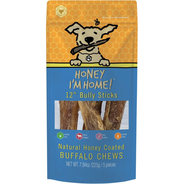 Honey I m Home 12  Buffalo Bully Sticks Natural Honey Coated Chews Grain-Free Dog Treats 5 pk Cheap